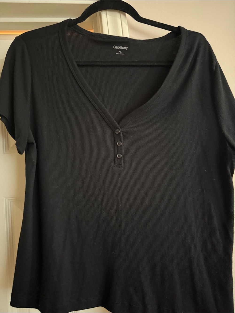 GapBody Women's Black Ribbed Henley Short Sleeve Top and shorts